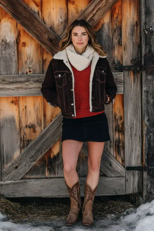 A woman wears a textured red sweater under a denim jacket with a shearling collar, paired with a black mini skirt, brown embroidered cowboy boots, and a warm knit scarf