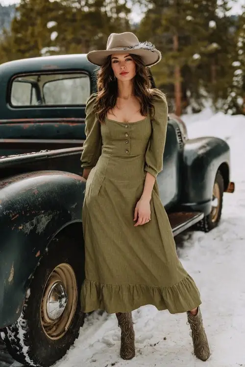 A woman wears an olive green dress with a square neckline, long sleeves, and a flowy hem, styled with heeled western boots and a feather-trimmed hat