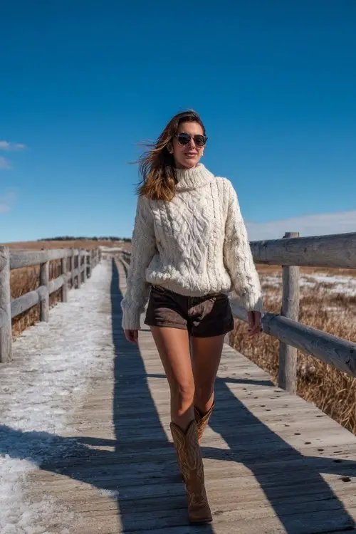 A woman wears thermal black leggings with a chunky cable-knit sweater and short brown cowboy boots