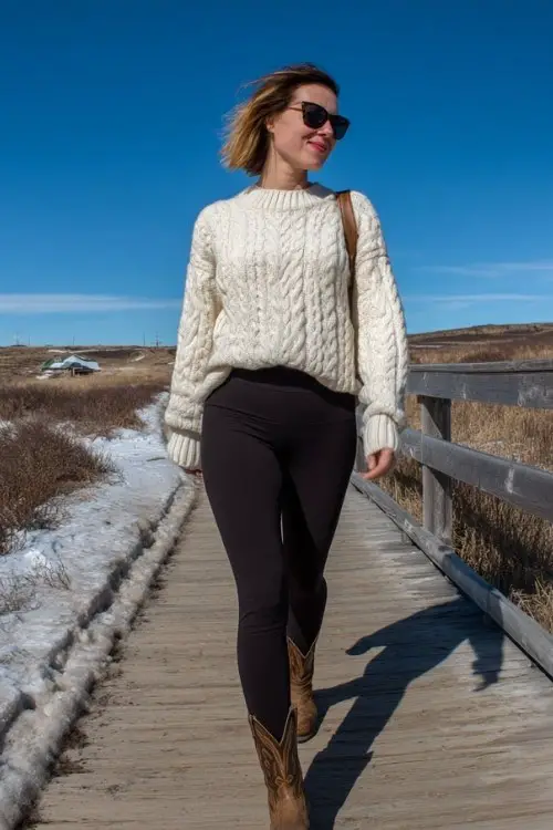 A woman wears thermal black leggings with a chunky cable-knit sweater and short brown cowboy boots