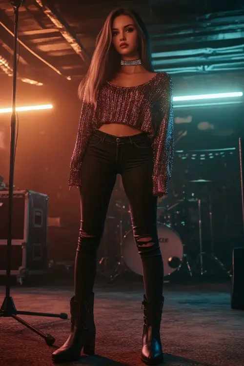 A young woman in a metallic sweater, black skinny jeans, and leather ankle boots