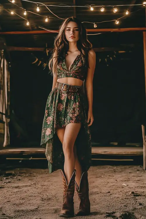 A young woman in a sleeveless boho dress, a leather belt, and cowboy boots
