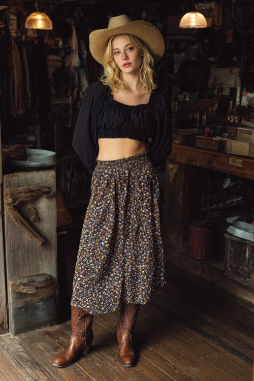 A young woman standing inside a rustic vintage shop, wearing a black cropped blouse, a high-waisted floral midi skirt, and brown cowboy boots