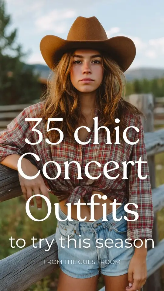 A young woman wearing a concert outfit with a cropped plaid button-down shirt tied at the waist, high-waisted denim shorts, and a brown cowboy hat