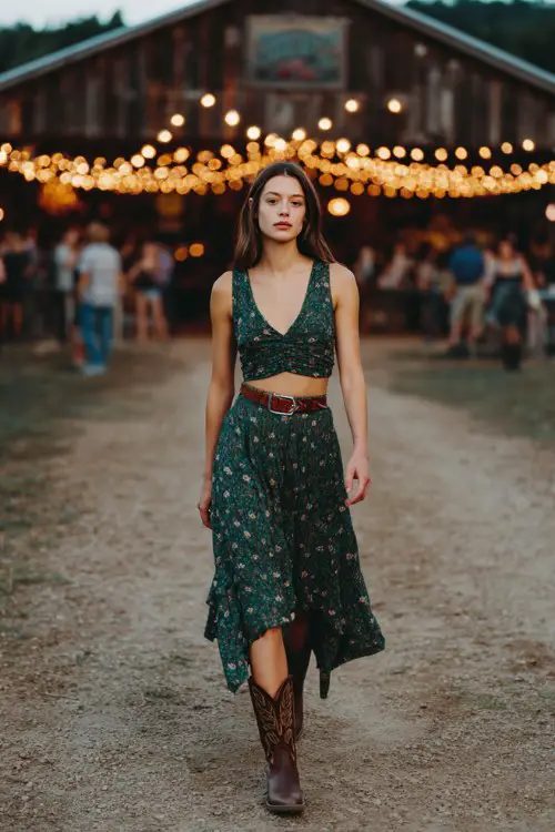 A young woman wearing a dark green floral two-piece outfit with a deep V crop top and high-low skirt, cinched with a belt, paired with brown cowboy boots