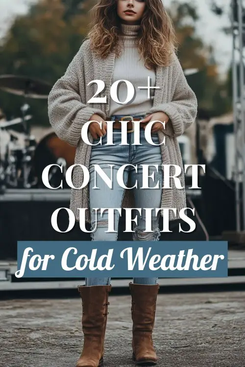 a woman wears a concert outfit with jeans and boots in cold weather