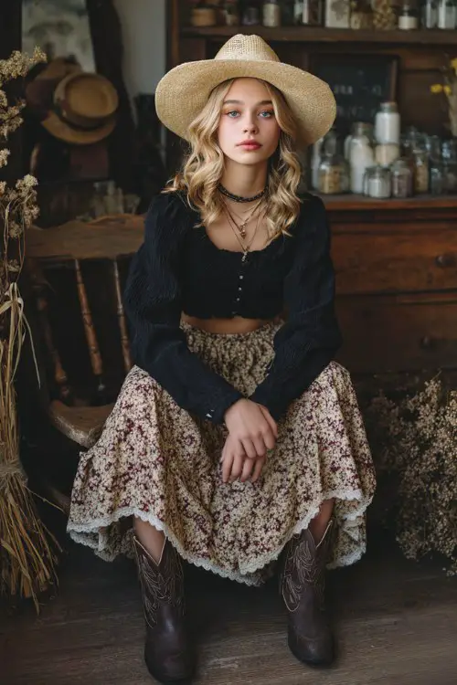 a young woman wearing a black long-sleeve cropped blouse with subtle texture, a high-waisted floral midi skirt with lace trim, layered necklace, and a straw cowboy hat