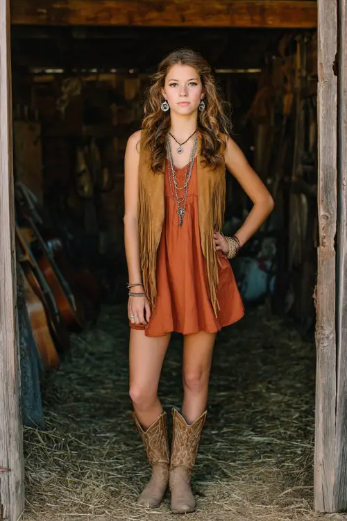 a young woman wearing a rust-colored sleeveless mini dress, layered long necklaces, statement boho earrings, and a brown suede fringe vest