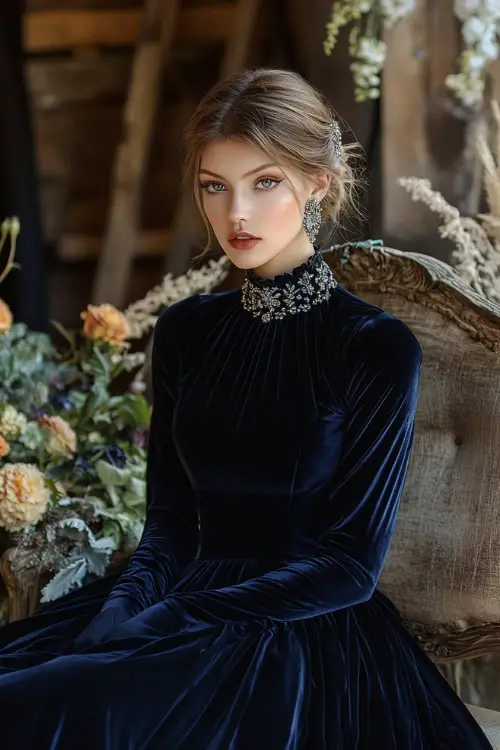 A chic woman in a navy velvet A-line gown with a high neckline, long sleeves, and crystal embellishments