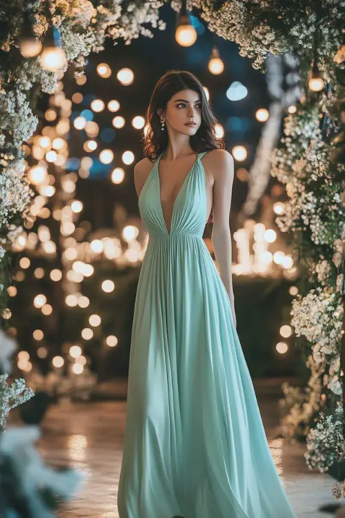 A chic woman in a pastel mint green sleeveless midi dress with a halter neckline, a scalloped hemline, and subtle pleats (3)