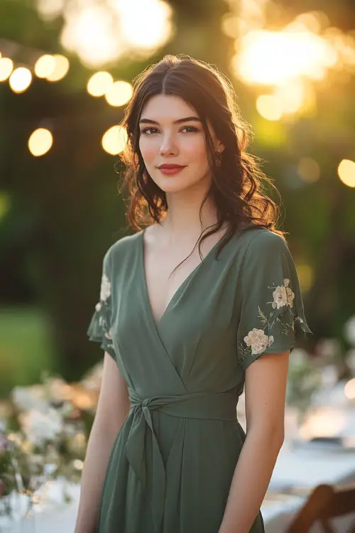 A chic woman in a sage green midi wrap dress with flutter sleeves, floral lace appliqués, and a cinched waist