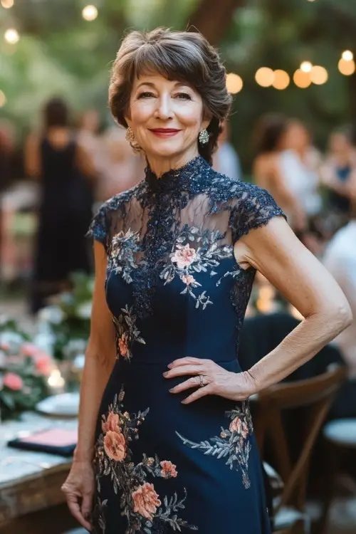 A chic woman over 50 in a navy floor-length A-line dress with a high neckline, lace embroidery, and subtle floral prints,