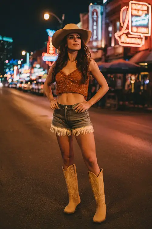 A confident woman on Nashville's Broadway strip at night, wearing a sequined rust-orange crop top, high-waisted denim shorts with fringe hem