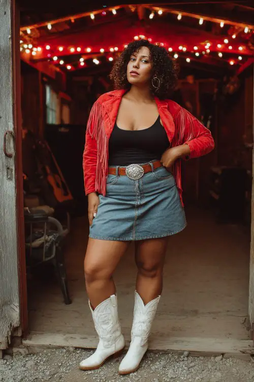 A curvy woman over 30 wears a pink fringe jacket over a black tank and denim skirt, white cowgirl boots, and a silver belt