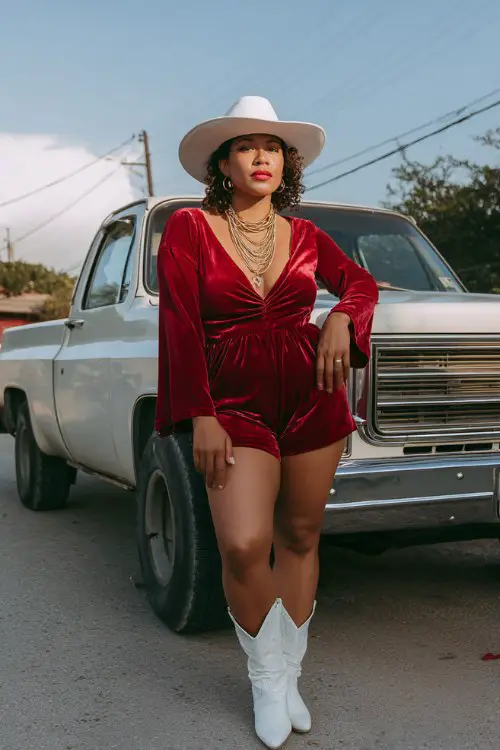 A curvy woman over 30 wears a red velvet romper with flared sleeves, a white cowboy hat, white cowboy boots, and gold layered necklaces