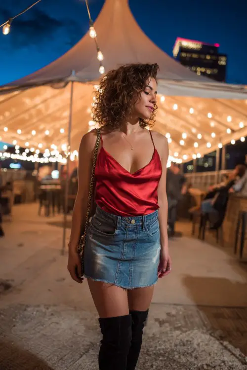 A curvy woman over 30 wears a silky red cami top with a denim mini skirt, black thigh-high boots, and a crossbody bag