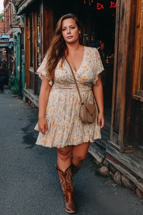 A curvy woman over 40 wears a flowy floral wrap dress with brown cowboy boots, holding a small crossbody bag