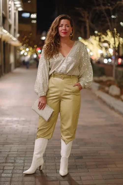 A curvy woman over 40 wears high-rise leather pants with a champagne sequin blouse and mid-calf white cowboy boots