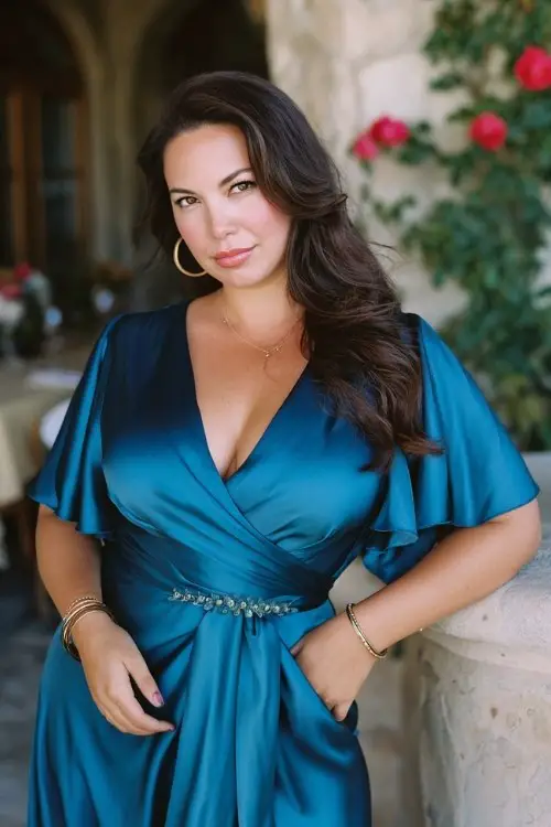 A curvy woman wears a blue satin wrap dress with hand-beaded waist detailing, soft flutter sleeves, elegant pumps, and layered bracelets