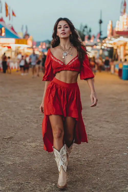 A curvy woman wears a bold red two-piece set featuring a cropped top and flowy skirt with movement, paired with embroidered cowboy boots