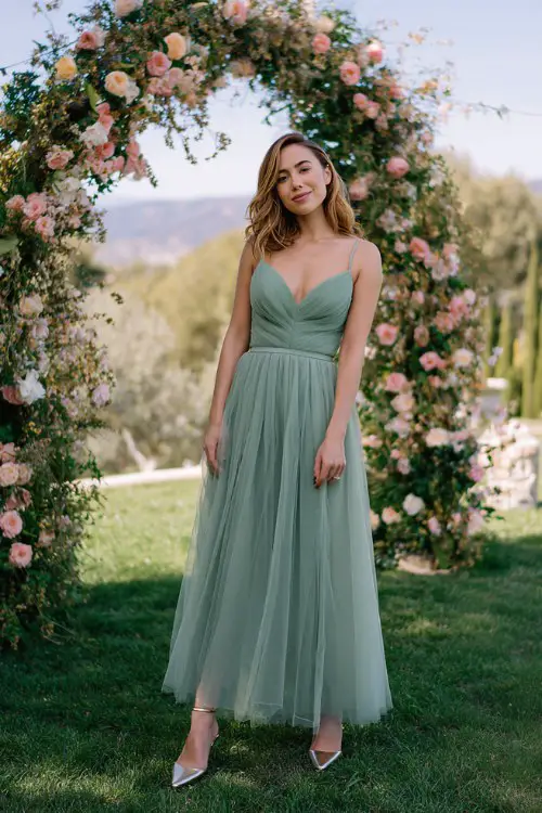 A curvy woman wears a classy sage green tulle maxi dress with structured waistline and flowing skirt, paired with metallic heels