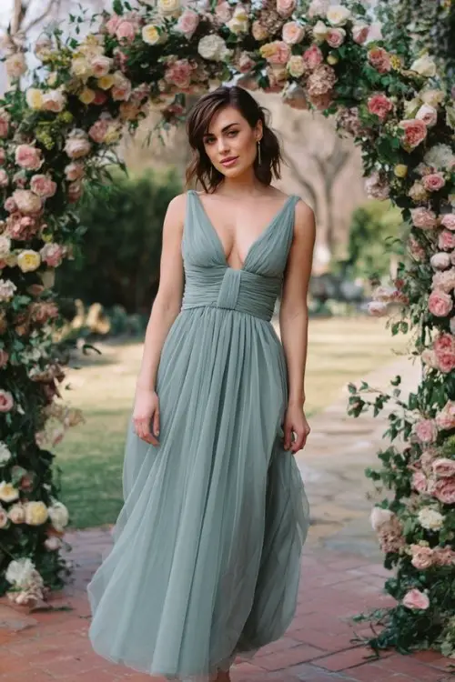 A curvy woman wears a classy sage green tulle maxi dress with structured waistline and flowing skirt