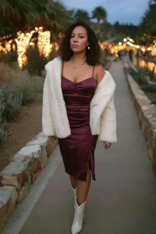 A curvy woman wears a deep burgundy bodycon midi dress with a side slit, layered under a soft cream faux fur jacket and white cowboy boots
