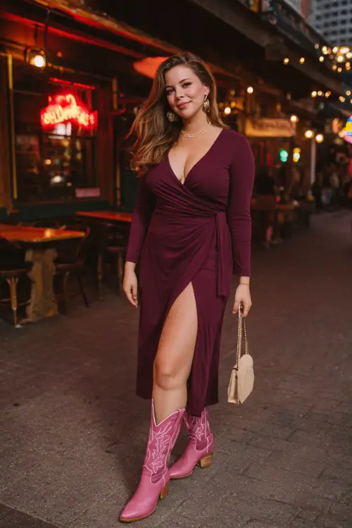 A curvy woman wears a deep burgundy wrap dress with a soft slit and pink cowboy boots, accessorized with a mini handbag and gold hoops