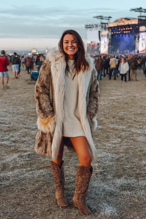 A curvy woman wears a faux fur-trimmed long coat layered over a sweater dress and knee-high cowboy boots