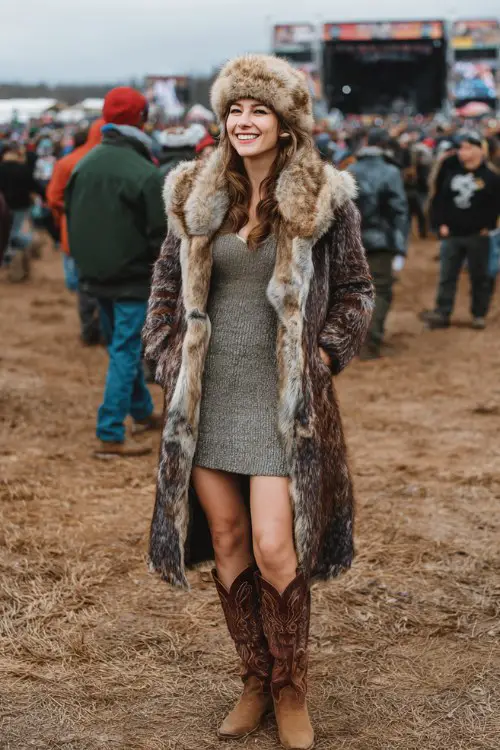A curvy woman wears a faux fur-trimmed long coat layered over a sweater dress and knee-high cowboy boots