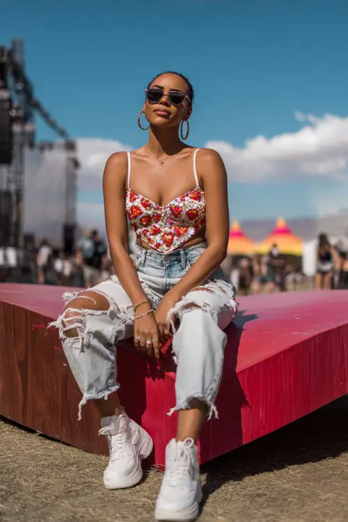 A curvy woman wears a fitted sequin heart-print top with high-waisted ripped jeans, white platform sneakers, and hoop earrings