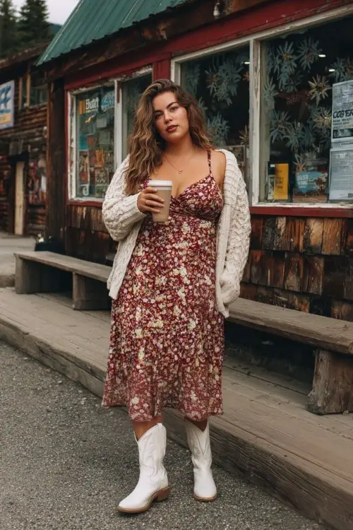 A curvy woman wears a floral midi dress with a chunky cable-knit cardigan and white cowboy boots