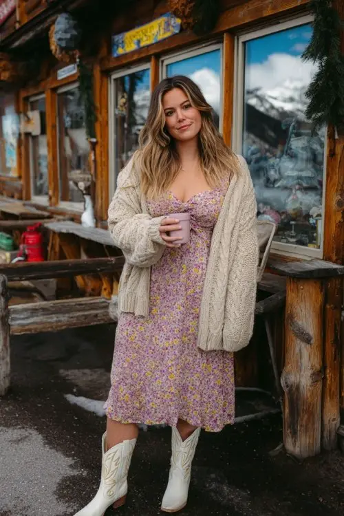 A curvy woman wears a floral midi dress with a chunky cable-knit cardigan and white cowboy boots