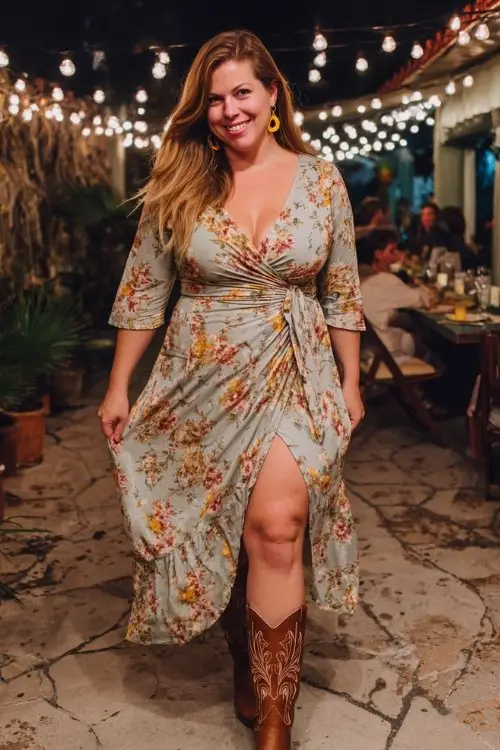 A curvy woman wears a floral wrap dress with a thigh slit, styled with brown embroidered cowboy boots and gold hoop earrings