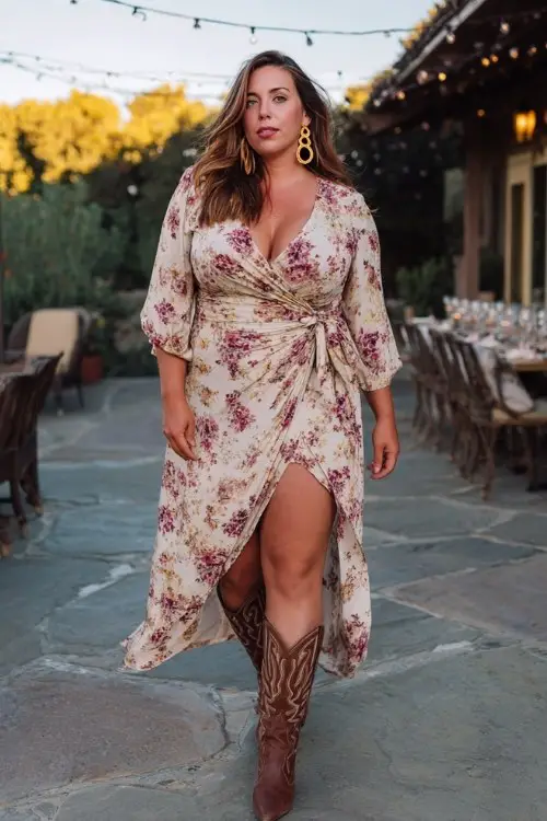 A curvy woman wears a floral wrap dress with a thigh slit, styled with brown embroidered cowboy boots and gold hoop earrings