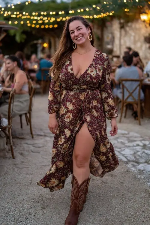 A curvy woman wears a floral wrap dress with a thigh slit, styled with brown embroidered cowboy boots and gold hoop earrings
