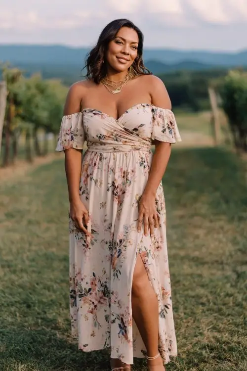 A curvy woman wears a flowing off-shoulder dress with hand-painted floral motifs, elegant sandals, and layered necklaces