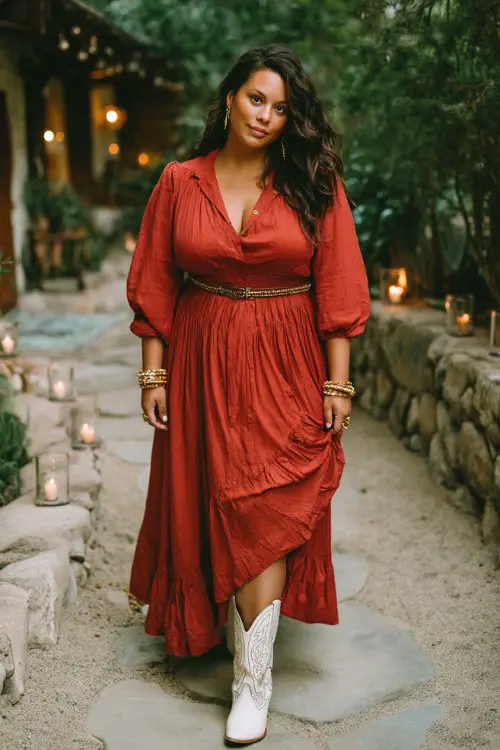 A curvy woman wears a long sleeve red maxi dress with a flowy hem, cinched at the waist with a belt, paired with white embroidered cowboy boots and gold bangles