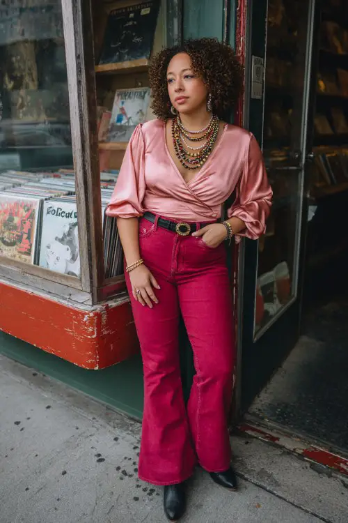 A curvy woman wears a pink satin wrap top with flared jeans, black cowboy boots, and layered necklaces