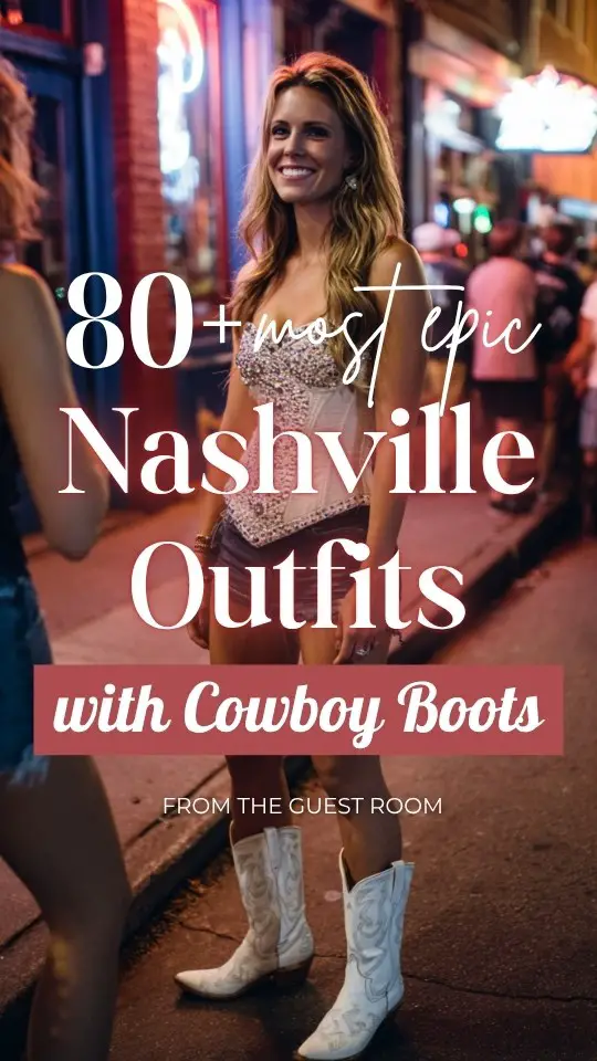 A curvy woman wears a rhinestone-studded corset top, dark denim shorts, and white cowboy boots