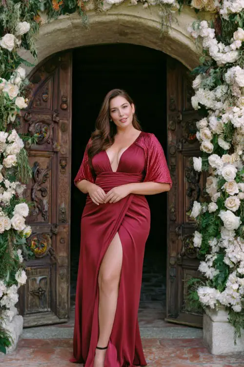 A curvy woman wears a rich ruby-red gown a wrap neckline, sequin cape sleeves, and a high slit