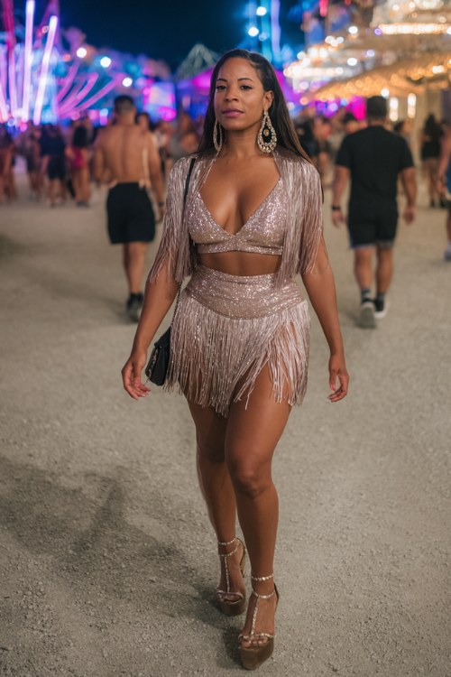 A curvy woman wears a shimmering fringe two-piece set that moves with every step, paired with platform heels and dramatic earrings