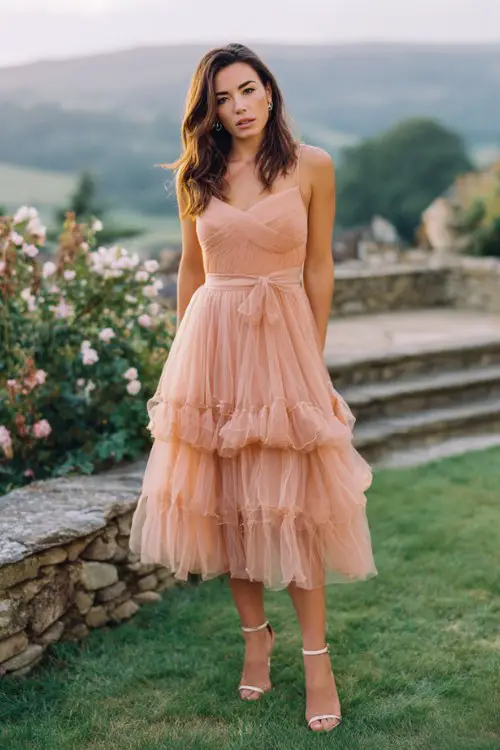 A curvy woman wears a soft peach tulle midi dress with ruffled skirt layers and fitted waist, styled with elegant heeled sandals