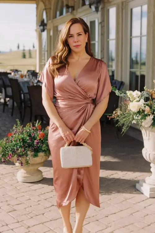 A curvy woman wears a structured satin wrap dress with subtle pleating, metallic heels, and a pearl handbag, elegant terrace wedding setting with spring florals
