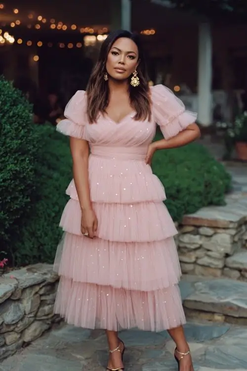 A curvy woman wears a tiered pink tulle dress with subtle shimmer details, delicate sandals, and statement earrings