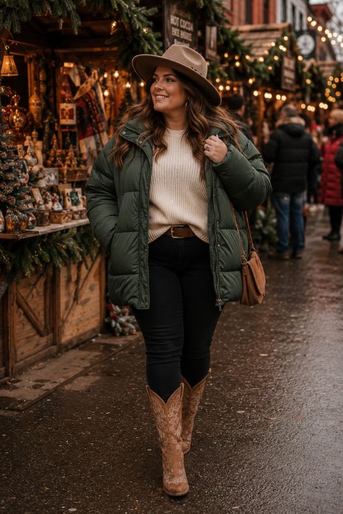 A curvy woman wears an oversized forest green puffer jacket over a cream ribbed sweater, black skinny jeans, embroidered tan cowboy boots