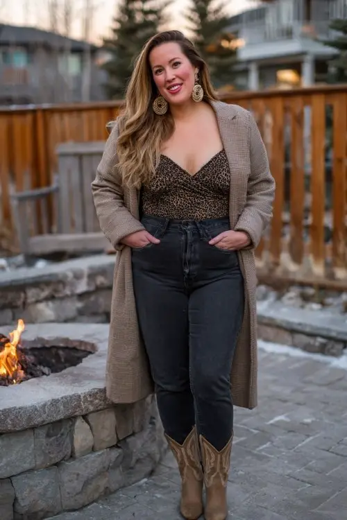A curvy woman wears high-waisted dark jeans with a velvet wrap top and suede cowboy boots, styled with statement earrings and a longline wool coat