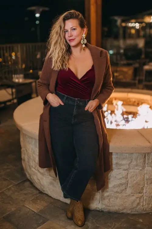 A curvy woman wears high-waisted dark jeans with a velvet wrap top and suede cowboy boots, styled with statement earrings and a longline wool coat