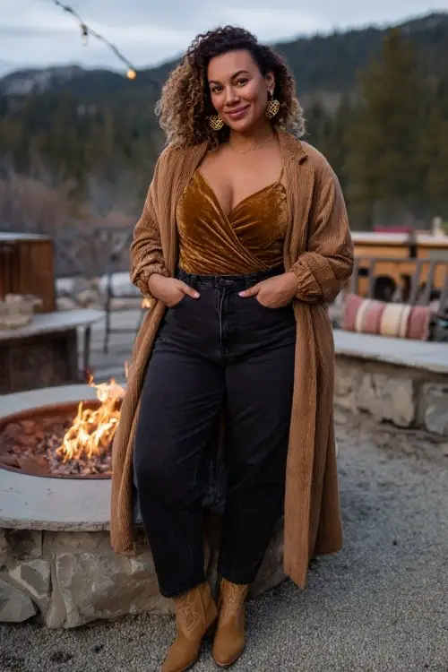 A curvy woman wears high-waisted dark jeans with a velvet wrap top and suede cowboy boots, styled with statement earrings and a longline wool coat