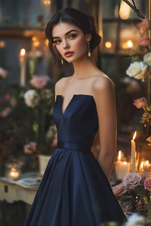 A fashionable woman in a navy sleeveless tea-length dress with a square neckline, a gathered waist, and a tulip hemline
